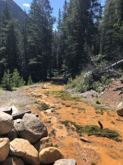 Highly contiminated water flowing out of the Elkhorn adit. The acid mine drainage was once confined to a lined ditch bulit in 1998. Now its not.